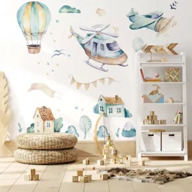 Gyerekszoba falmatrica - Helikopter, repülő, hőlégballon