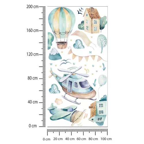 Gyerekszoba falmatrica - Helikopter, repülő, hőlégballon